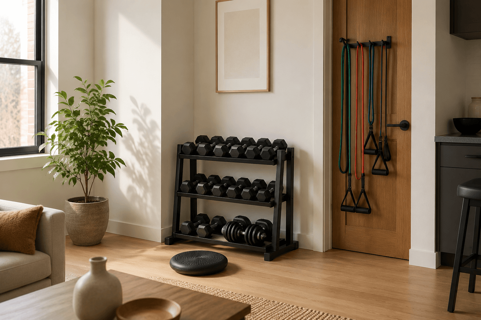 A compact Getfit home gym setup in a corner of an apartment